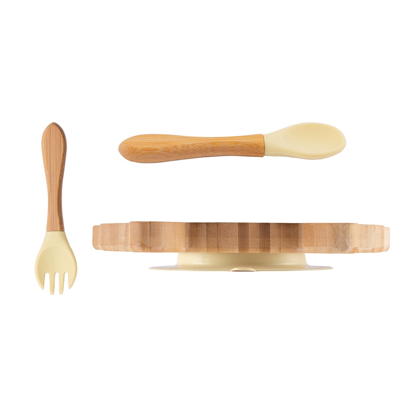 Suction Back Wooden Baby Plate with Spoon and Fork